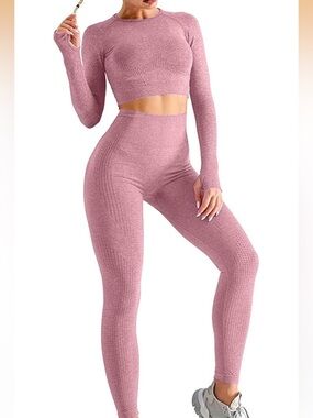 Seamless Ribbed Two-Piece Crop Top & High-Waist Leggings - Dusty Rose